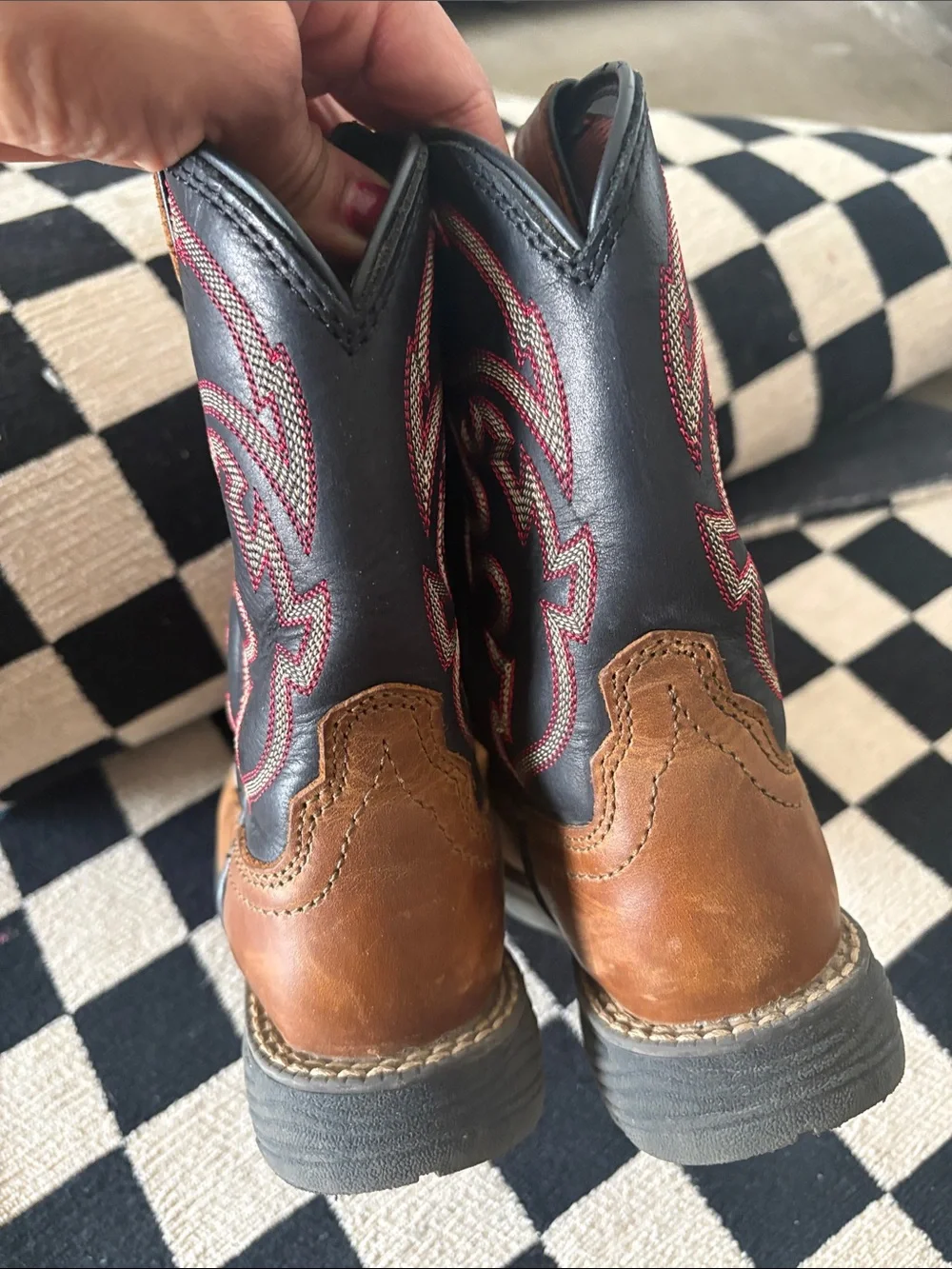 Justin Boots Brown Leather & Black Shaft Kids Western Boots with Red Stitching